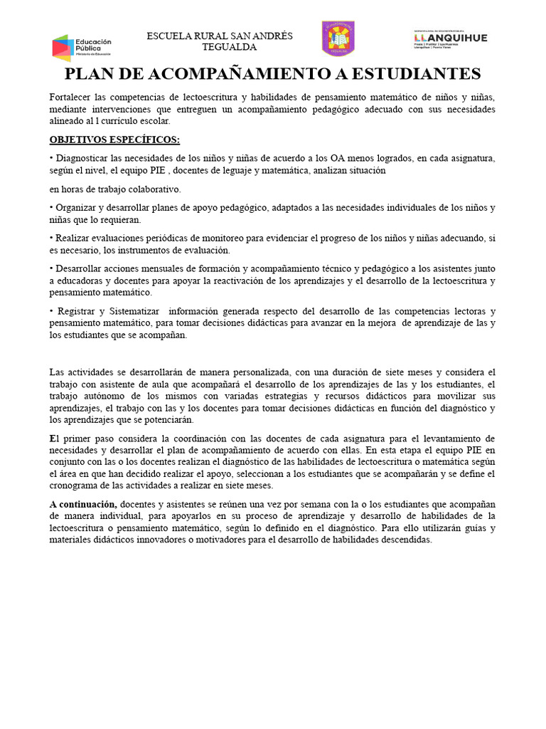 Plan de Acompañamiento A Estudiantes | PDF | Enseñando | Aprendizaje