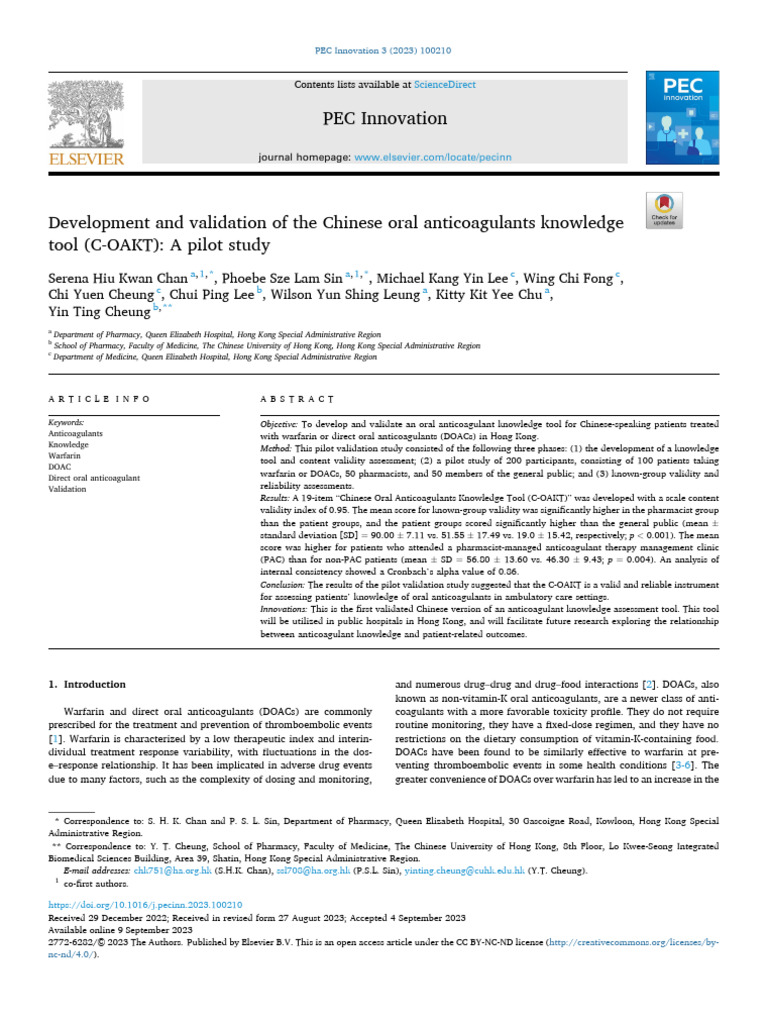 Development and Validation of The Chinese Oral Anticoagulants Knowledge ...