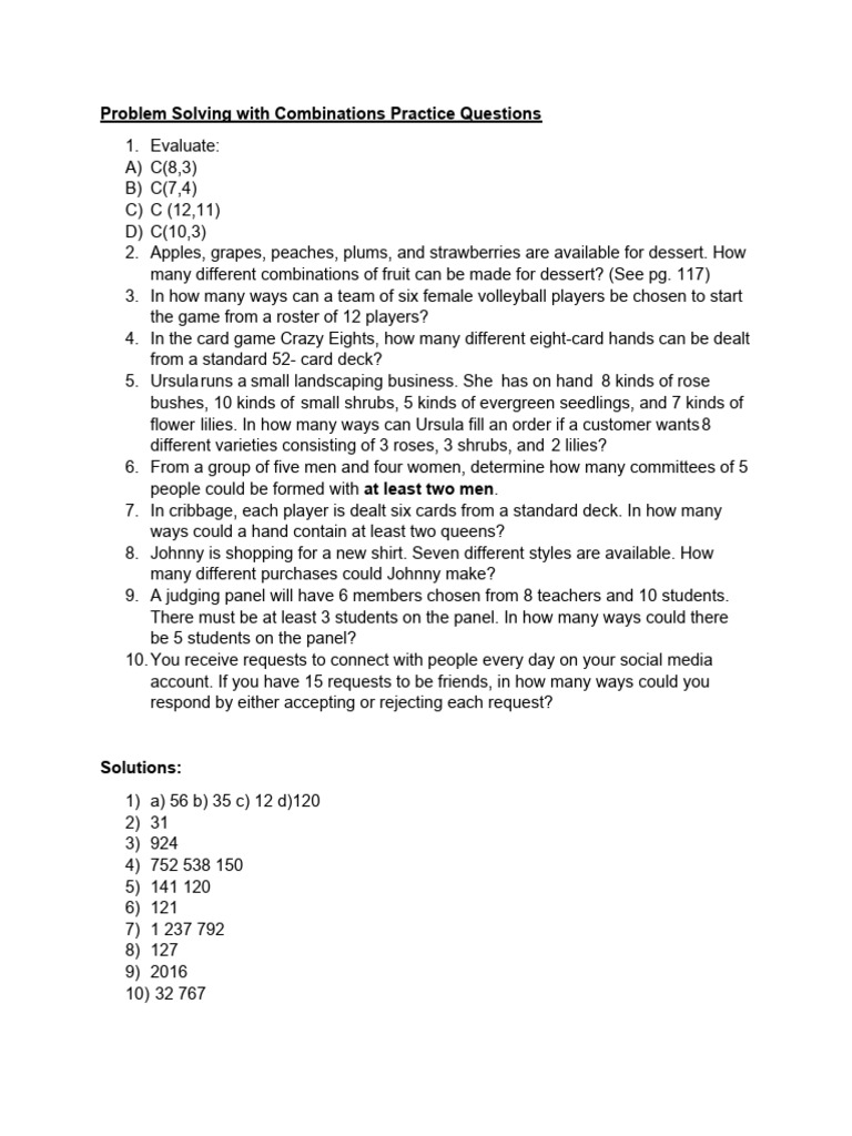 Combinations Practice Worksheet PDF