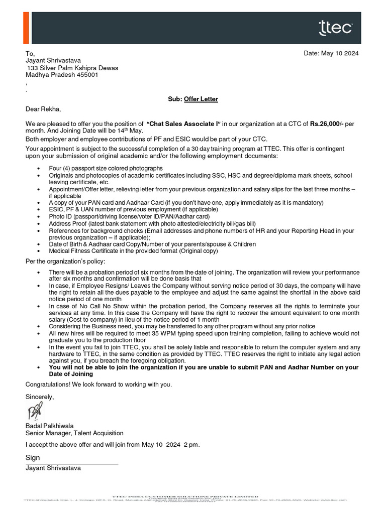 TTEC Offer Letter for Chat Sales Associate | PDF | Career & Growth