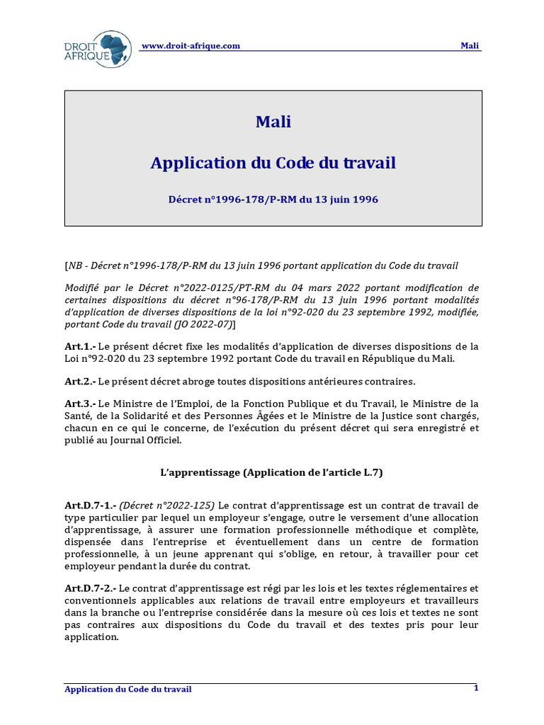 Application du Code du travail au Mali | PDF | Heures supplémentaires ...