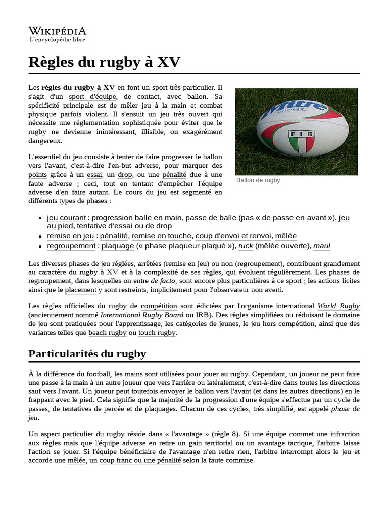 Règles du rugby à XV simplifiées | PDF | Rugby à XIII | Variantes de sport