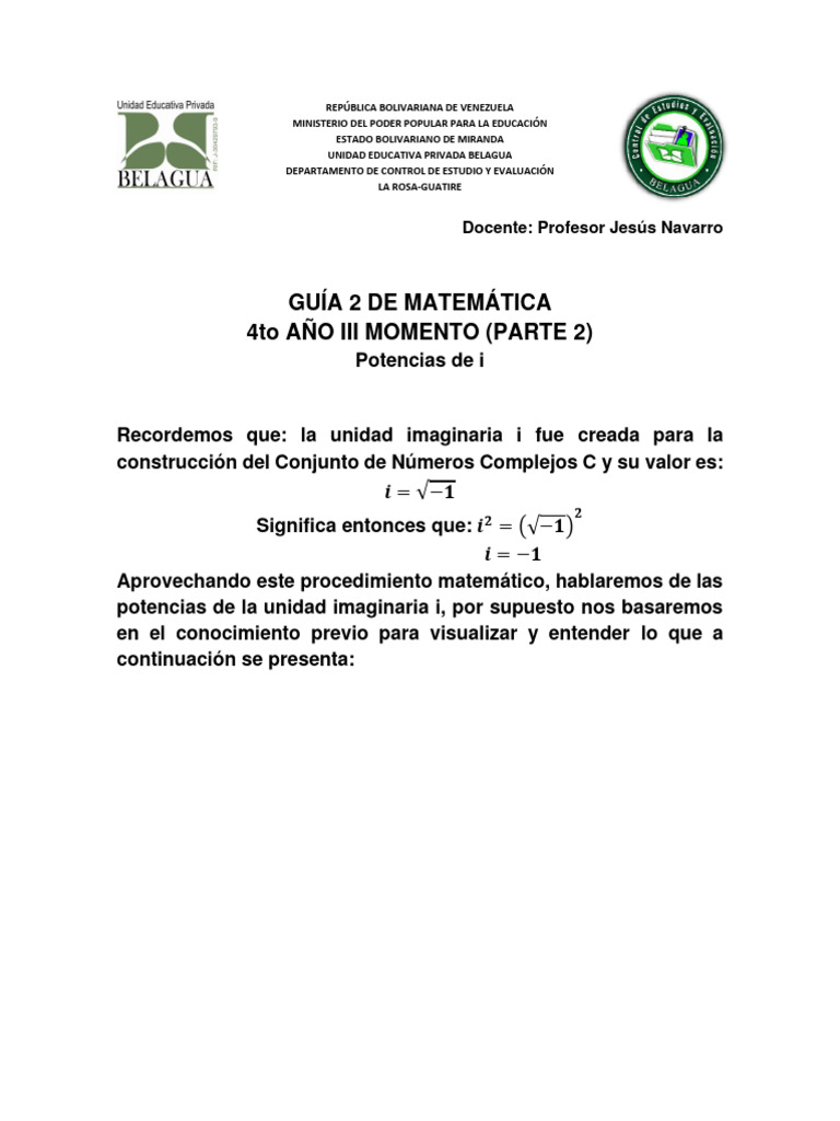 Guía 2 de Matemática 4to Año Iii Momento (Parte 2) : Docente: Profesor ...