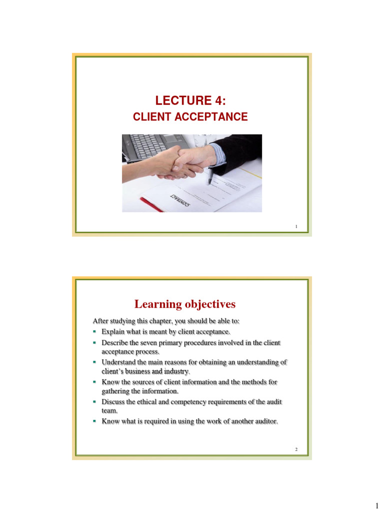 Lecture 4 Client Acceptance Pdf Audit Financial Audit