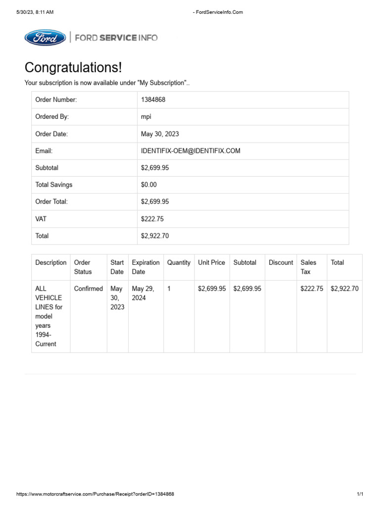 Ford Subscription Order Confirmation | PDF