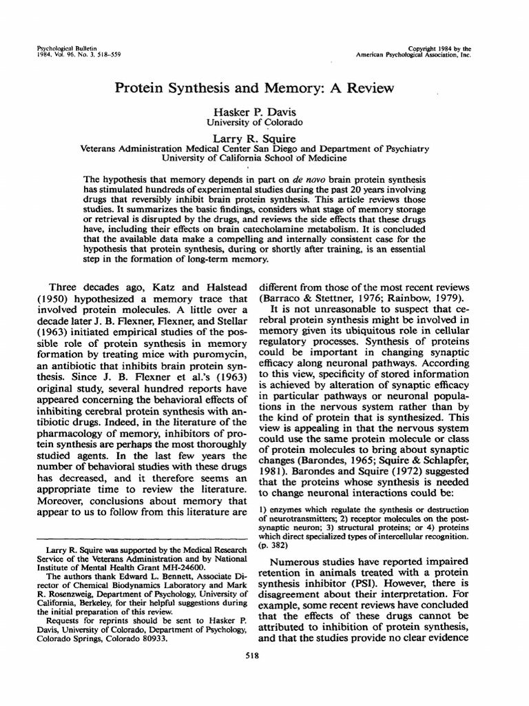 Protein Synthesisand Memory AReview | PDF | Synapse | Memory