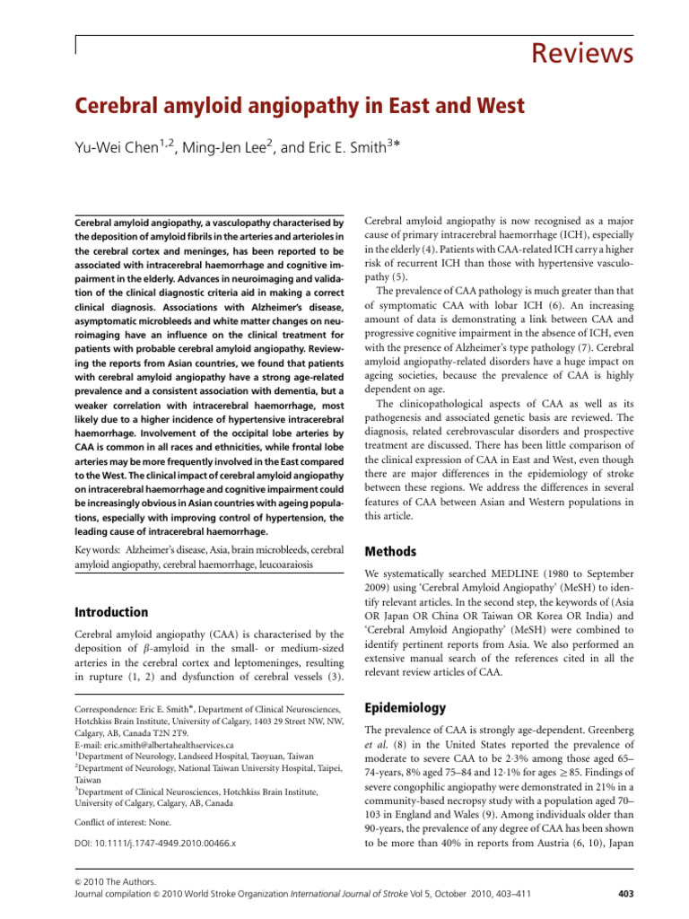 Chen Et Al 2010 Cerebral Amyloid Angiopathy in East and West | PDF ...