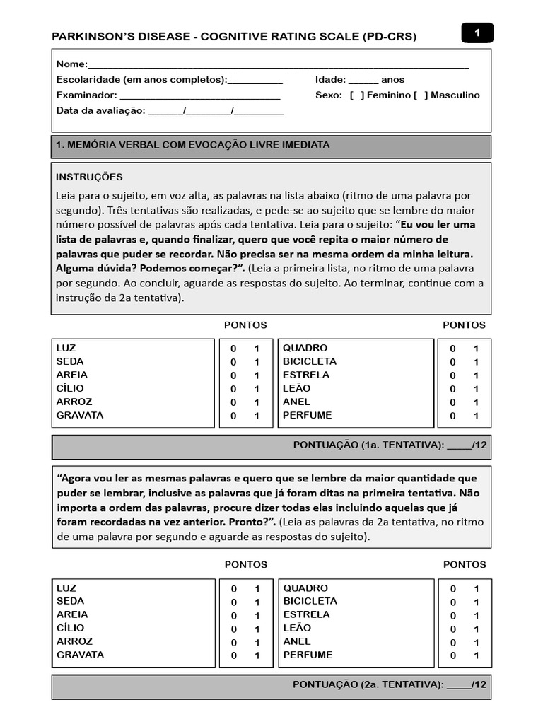 Escala Cognitiva para Parkinson (PD-CRS) | PDF | Assunto (gramática ...