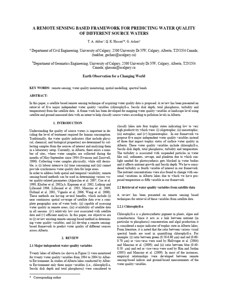 Remote Sensing Framework for Water Quality | PDF | Water Quality ...