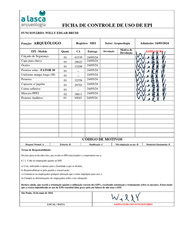 FICHA DE EPI WLLY E BRUDI (Assinado) | Download grátis PDF | Segurança ...
