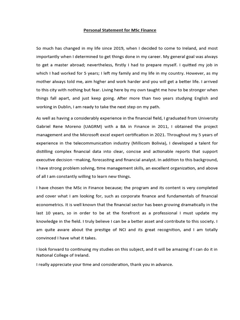 Personal statement for msc finance pdf
