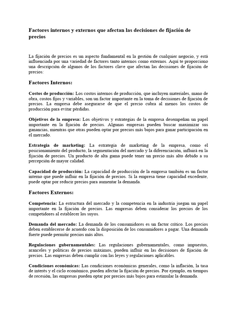 Factores Internos y Externos Que Afectan Las Decisiones de Fijación de ...