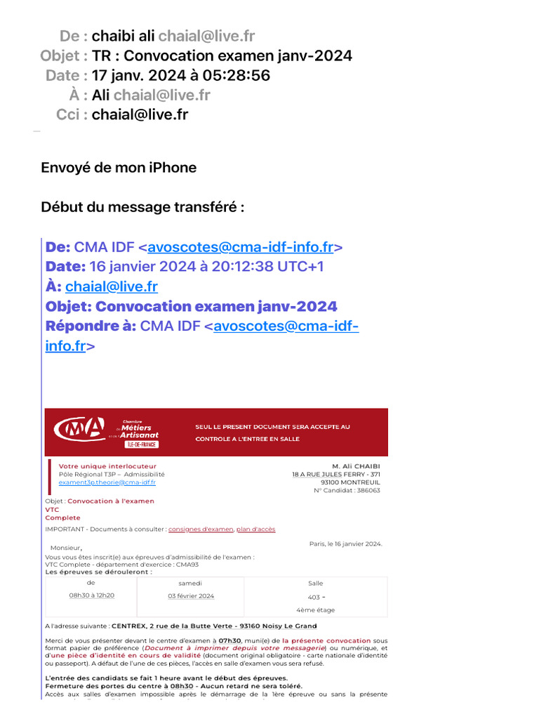 Convocation examen VTC février 2024 | PDF