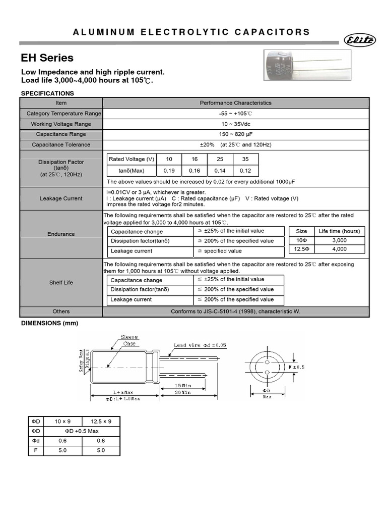 Elite (Radial Thru-Hole) EH Series | PDF | Capacitance | Capacitor