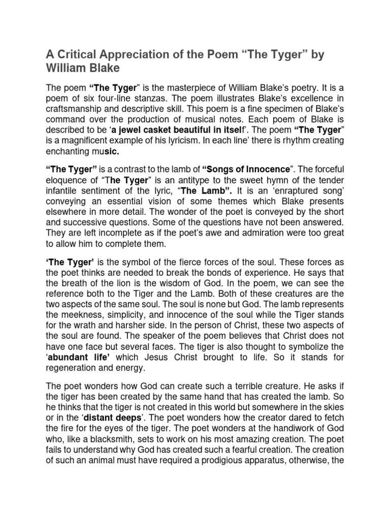 Critical Appreciation of "The Tyger" | PDF | William Blake