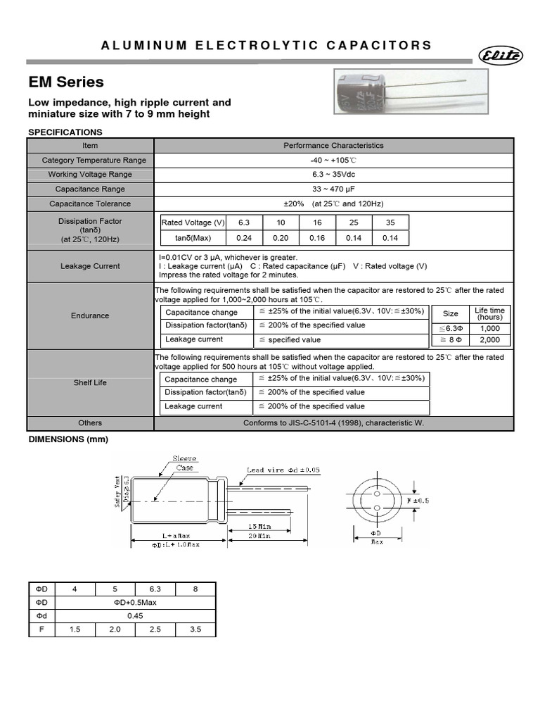 Elite (Radial Thru-Hole) EM Series | PDF | Capacitor | Capacitance