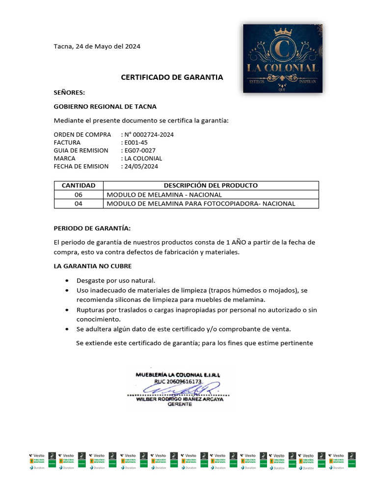 Carta de Garantia Oc 2724 | PDF | Negocios