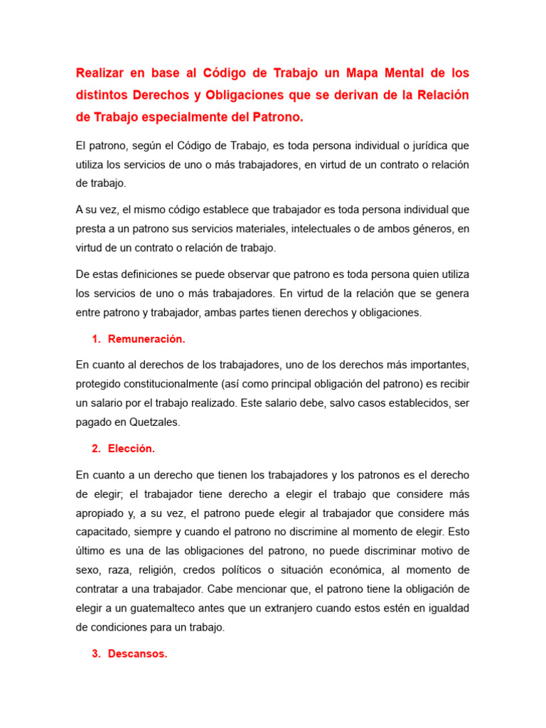 Realizar en Base Al Código de Trabajo Un Mapa Mental de Los Distintos