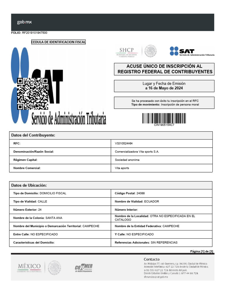 Inscripción al RFC de Vita Sports S.A. | PDF