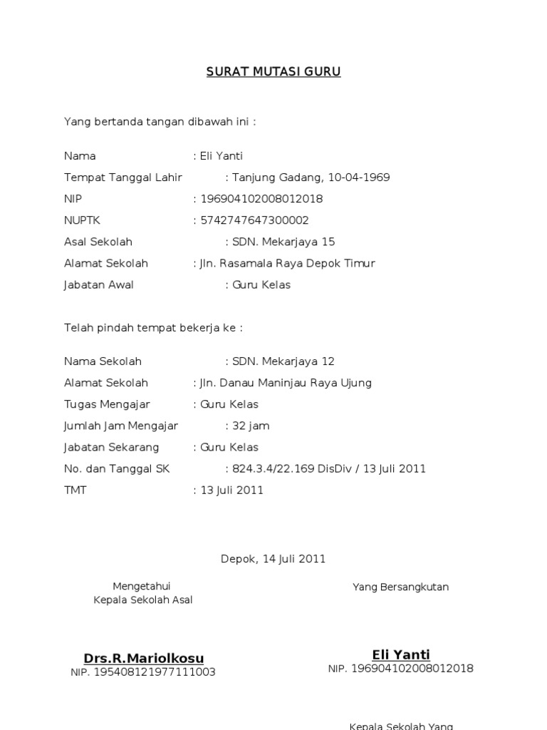 Contoh Surat Pindah Guru Sekolah Rendah Sifulanah
