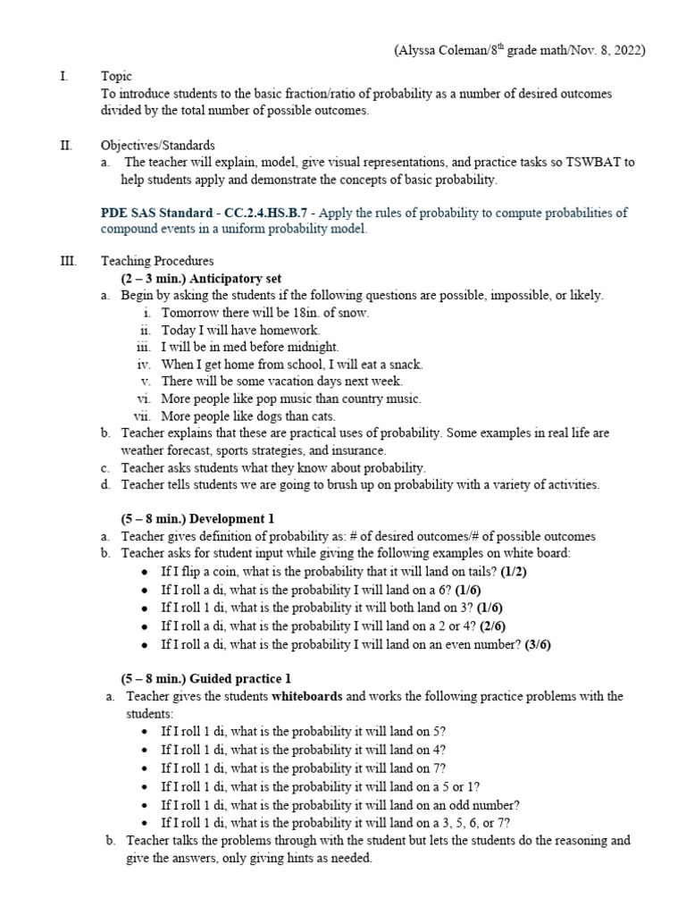 8th Grade Probability Lesson Plan | PDF | Probability | Learning