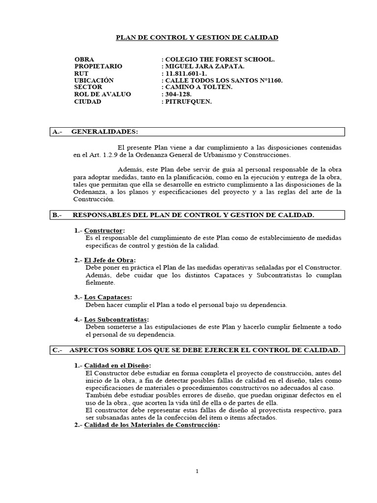 Plan de Control Y Gestion de Calidad | PDF | Diseño | Sistema de manejo ...