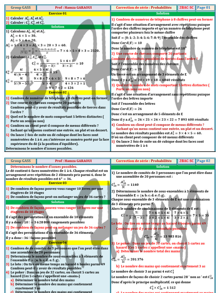 Correction Série Probabilités 2 Bac SC | PDF | Variance (mathématiques ...
