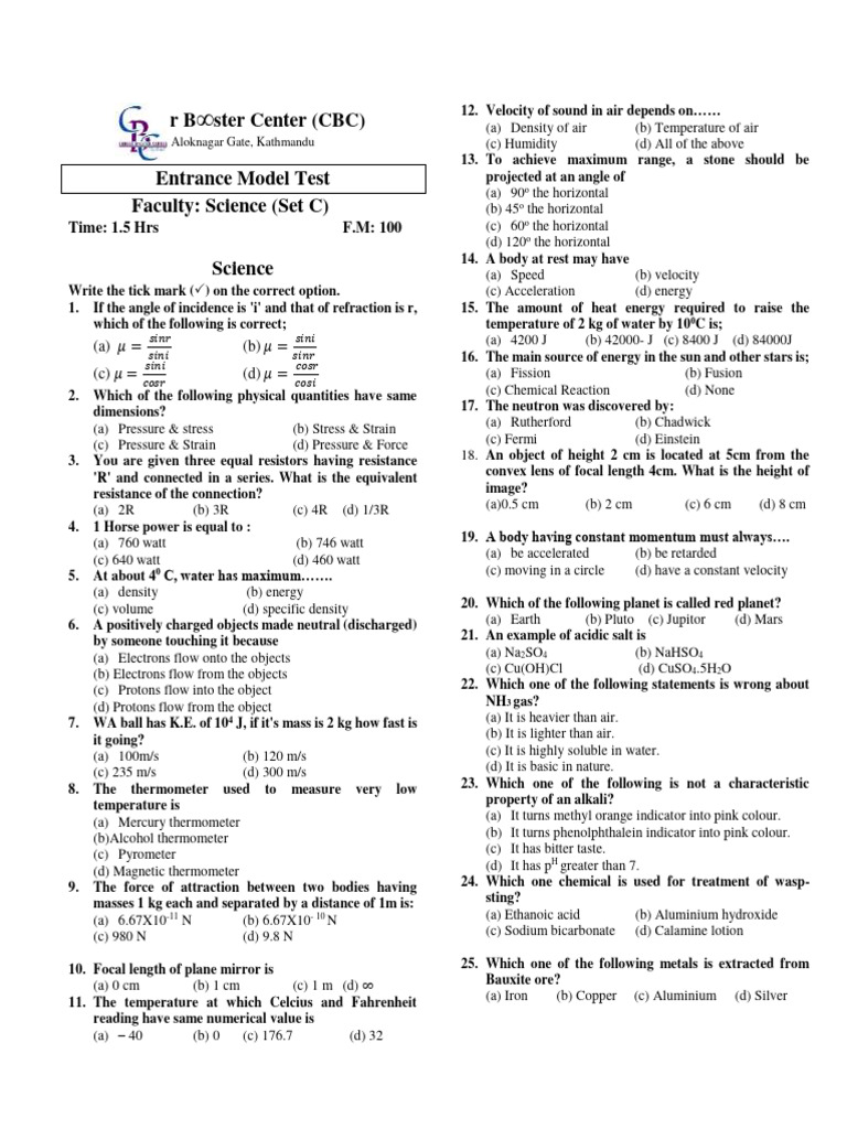 Science Entrance Model Test - Set C | PDF | White Blood Cell | Meiosis