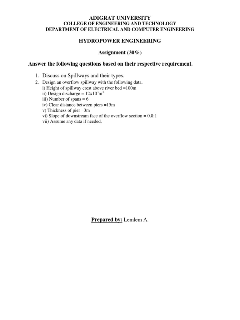 Hydropower Engineering Assignment Pdf