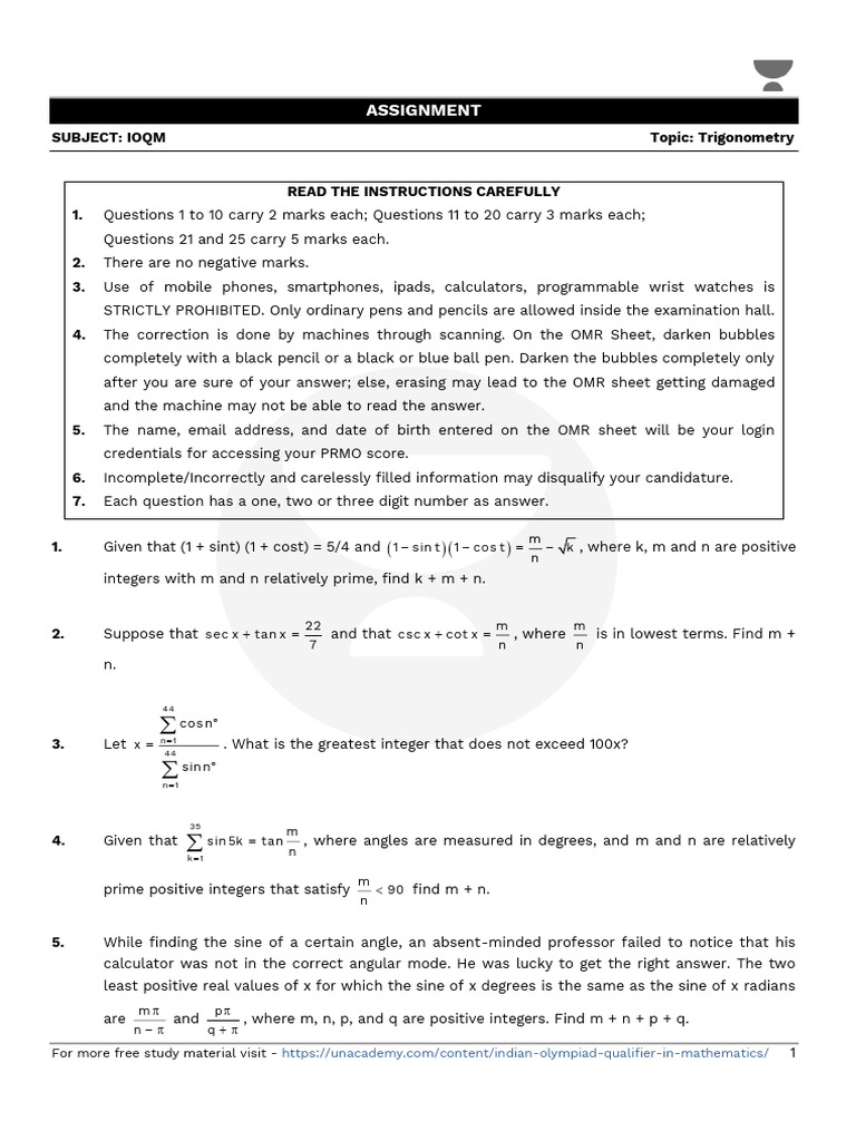 IOQM Trigonometry Assignment Questions | PDF | Trigonometry ...