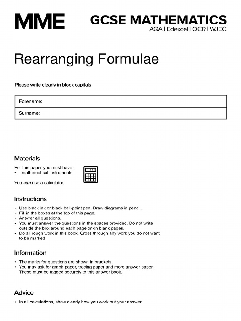 Rearranging Formulae Worksheet | PDF