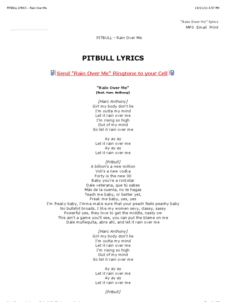 Pitbull Lyrics Rain Over Me Entertainment General