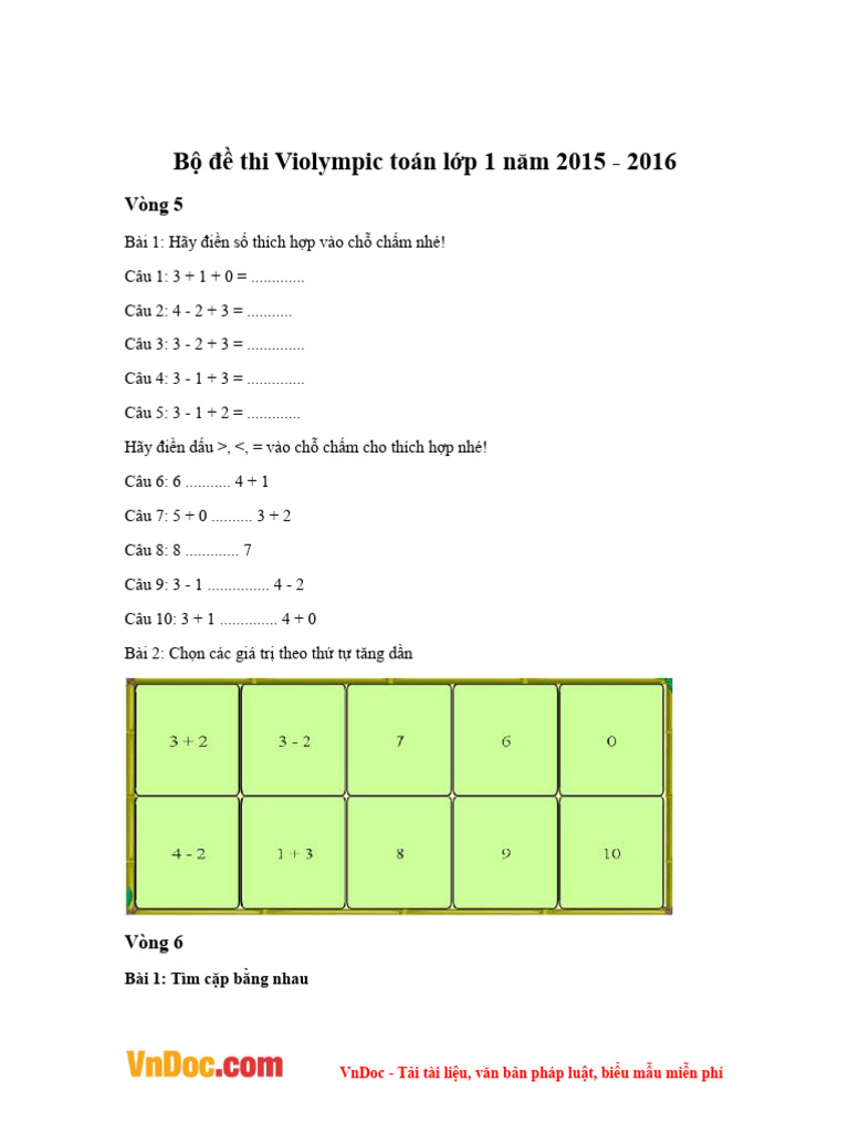 Bo de Thi Violympic Toan Lop 1 Nam 2015 2016 | PDF