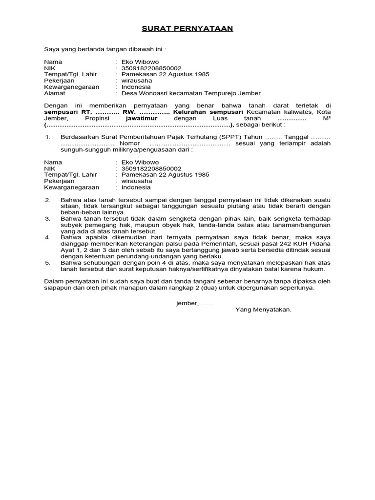 Surat Pernyataan Kepemilikan Tanah Eko Wibowo | PDF