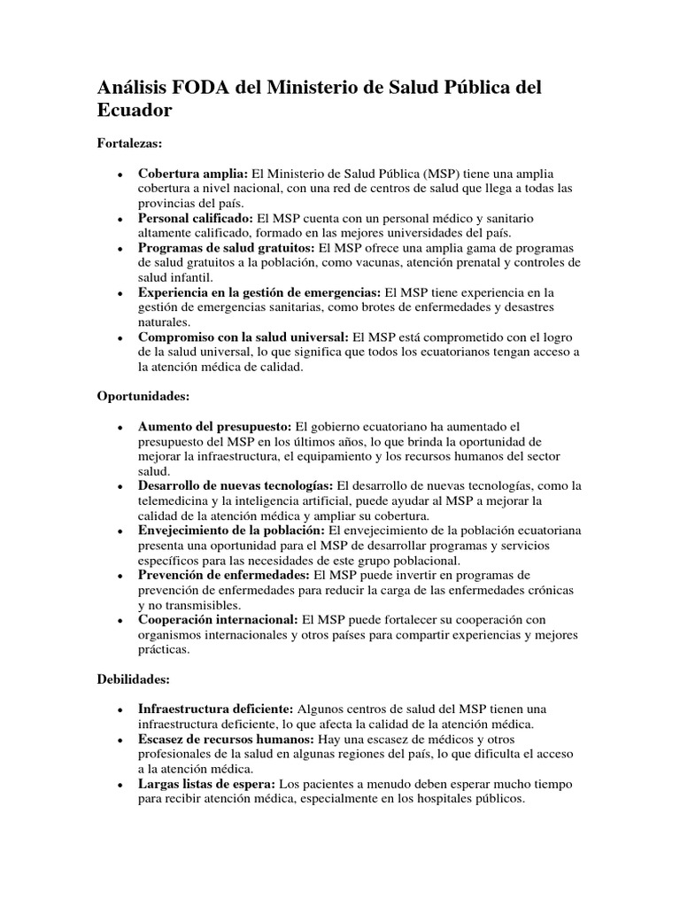 Análisis FODA Del Ministerio de Salud Pública Del Ecuador | Descargar ...