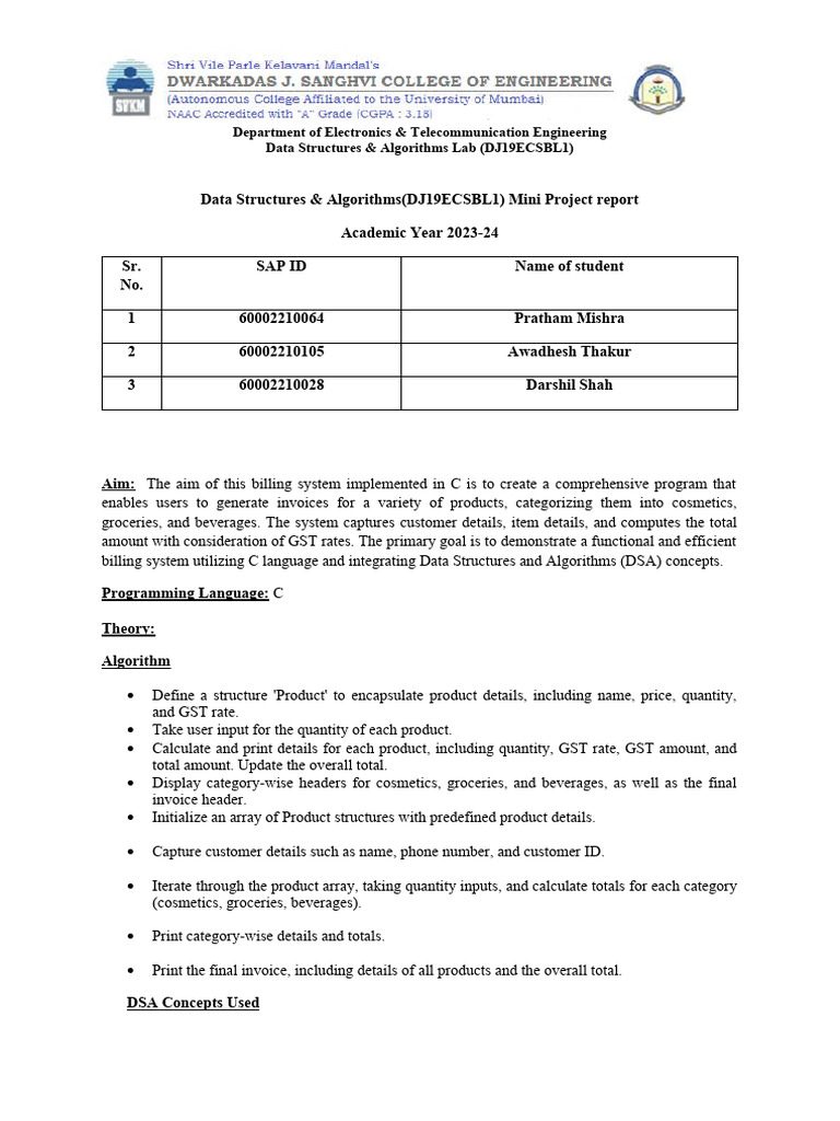 Dsa mini project pdf invoice computer program