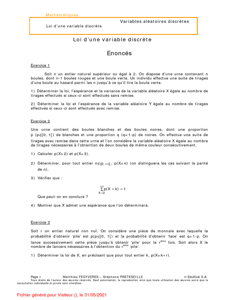 Loi des variables aléatoires discrètes | PDF | Espérance mathématique ...
