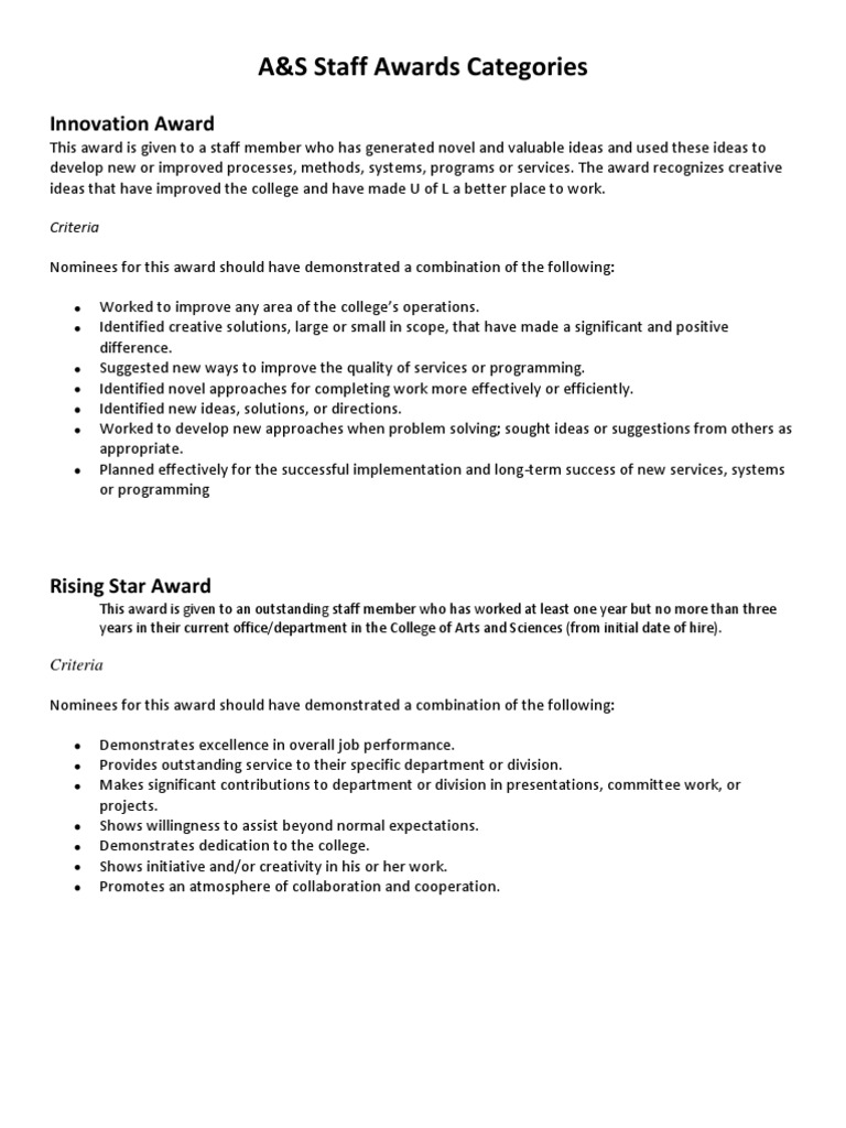 A&S Staff Awards Categories: Innovation Award | PDF | Creativity ...