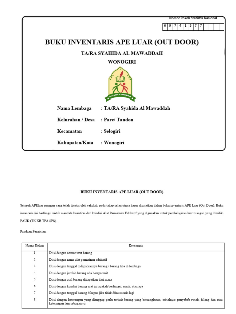 Inventaris APE Luar PAUD Wonogiri | PDF