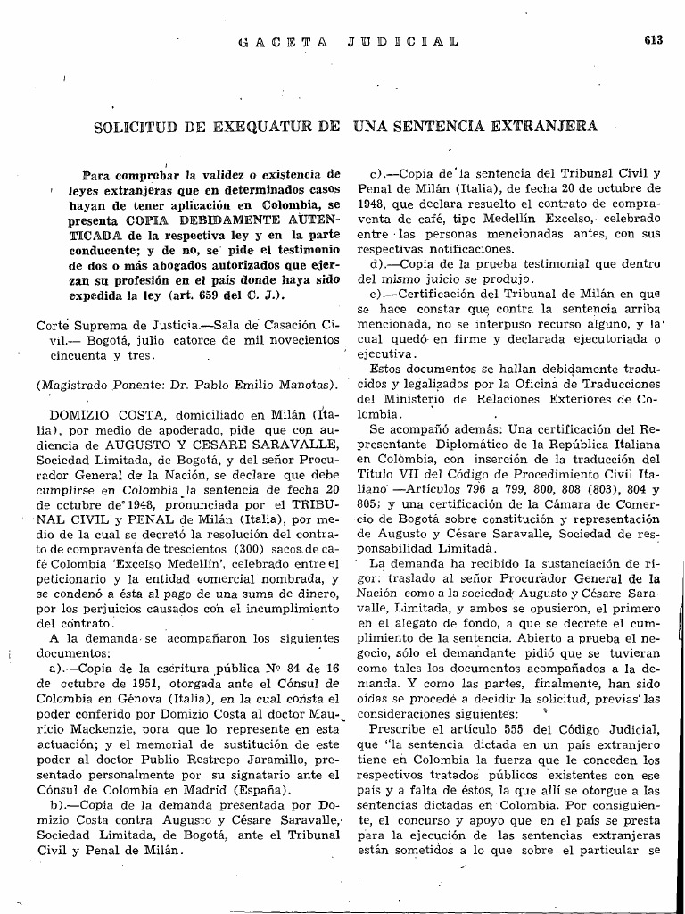 Exequátur de Sentencia Italiana en Colombia | PDF | Judicaturas ...