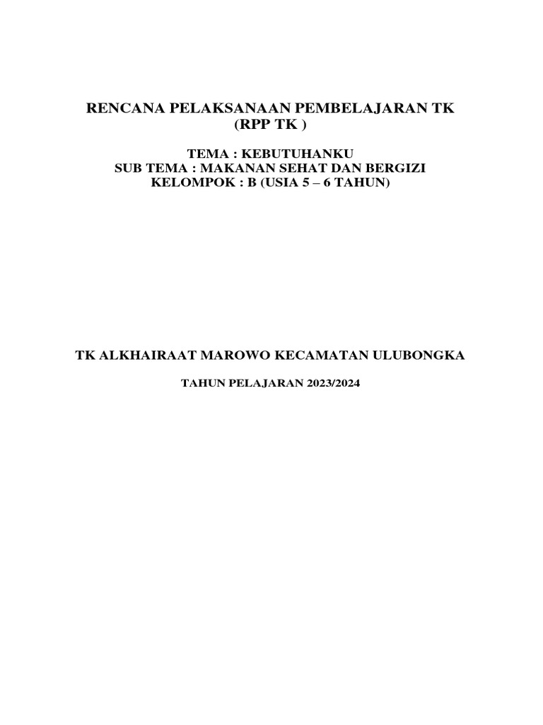 RPP Pembelajaran Makanan Sehat TK B | PDF