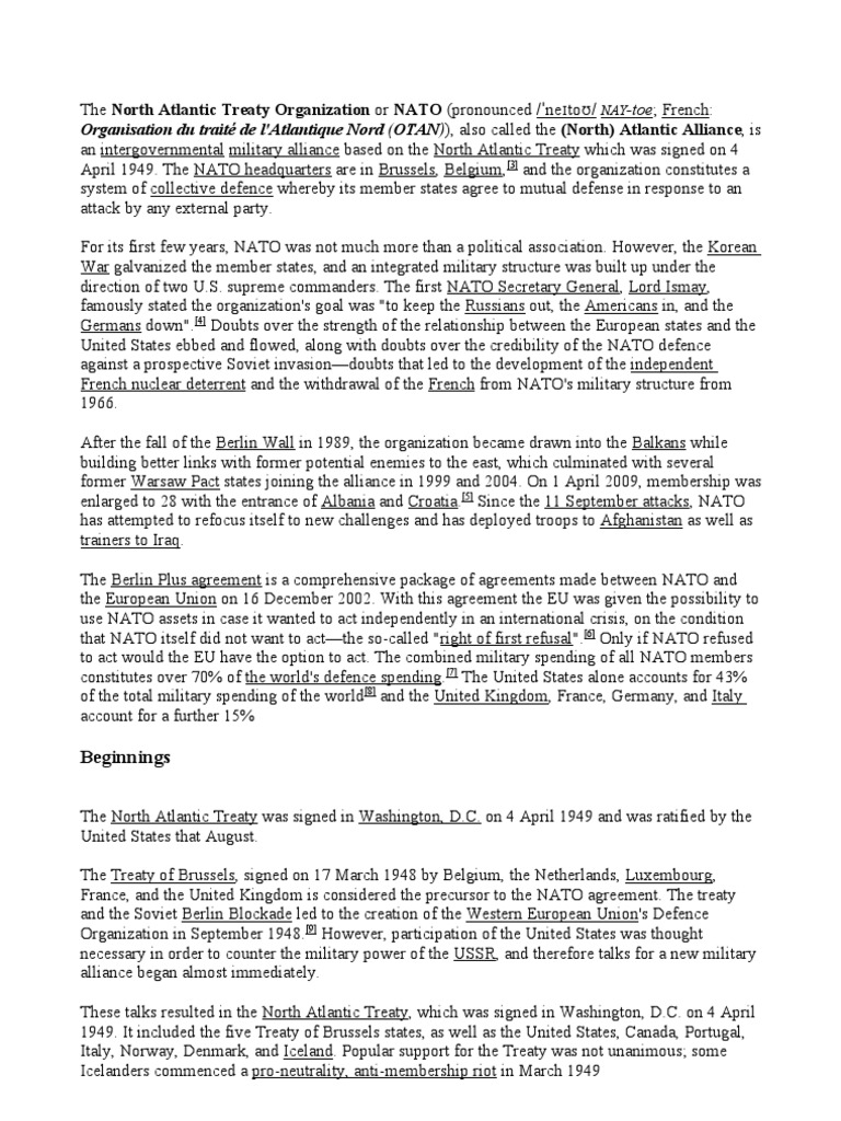 The North Atlantic Treaty Organization or NATO | PDF | Nato | Global ...