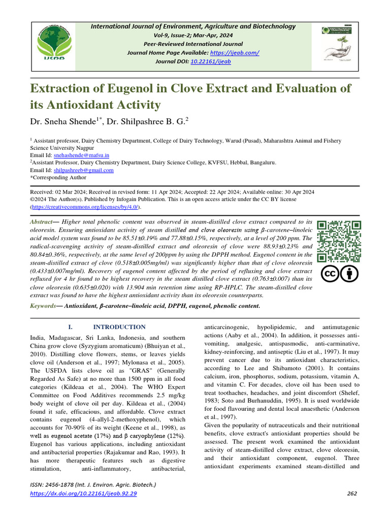 Extraction of Eugenol in Clove Extract and Evaluation of Its