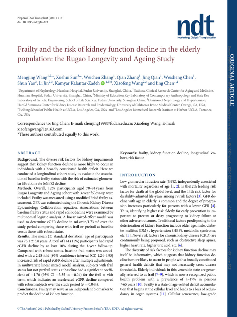 Frailty and The Risk of Kidney Function Decline in The Elderly ...
