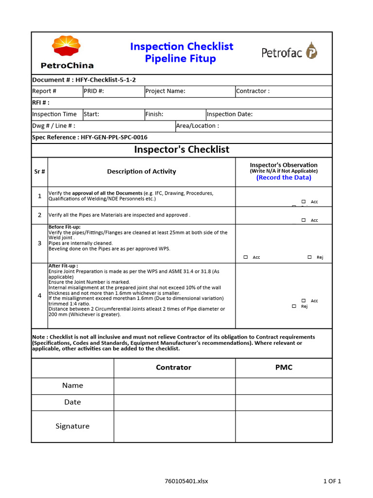 Pipeline Fit-Up Inspection Checklist | PDF | Pipe (Fluid Conveyance ...