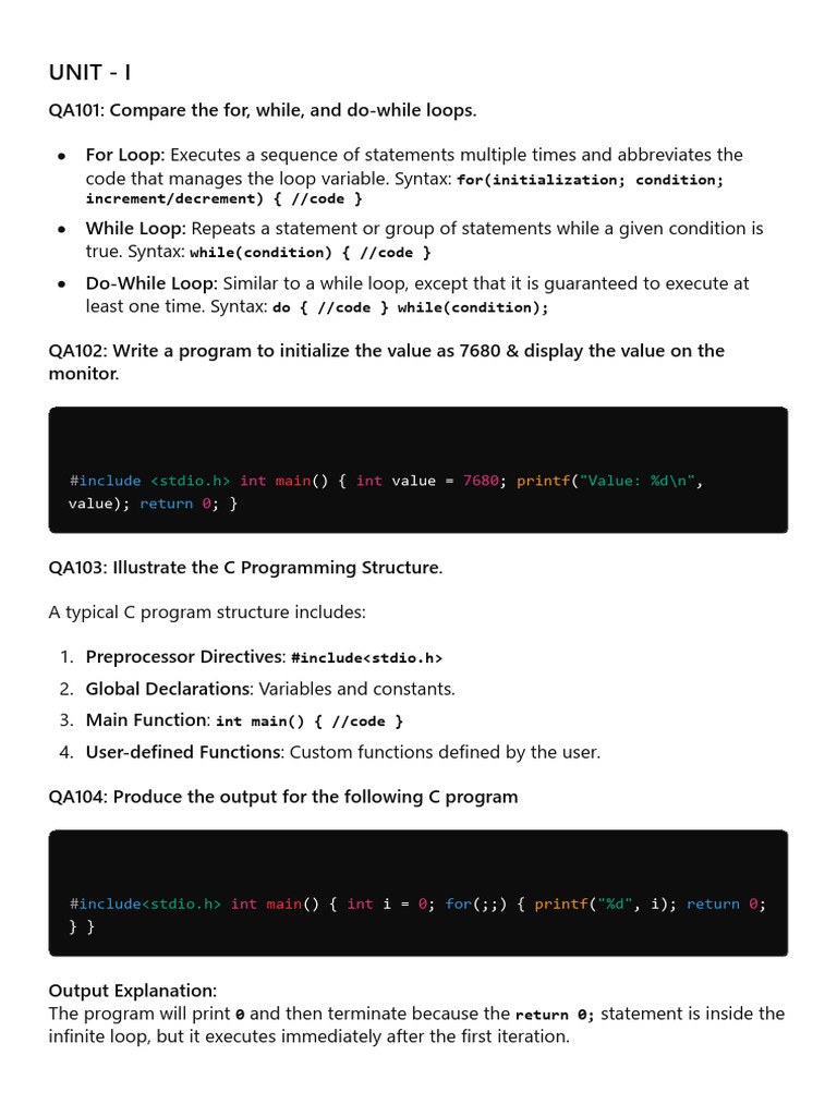 Unit - I: For (Initialization Condition Increment/decrement) (//code ...