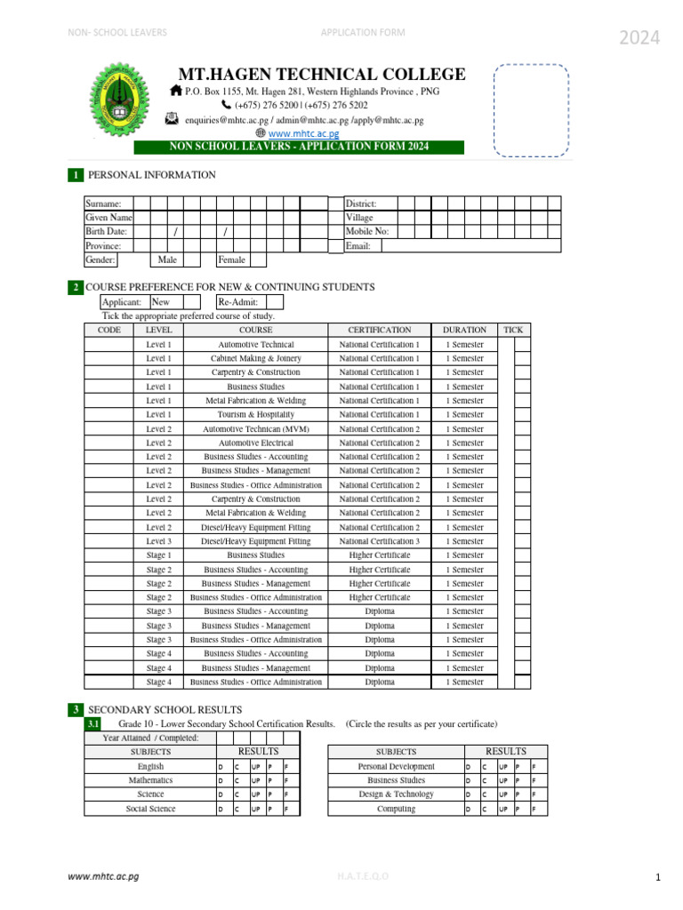 MHTC Application Form Non School Leavers 2024 PDF Diploma