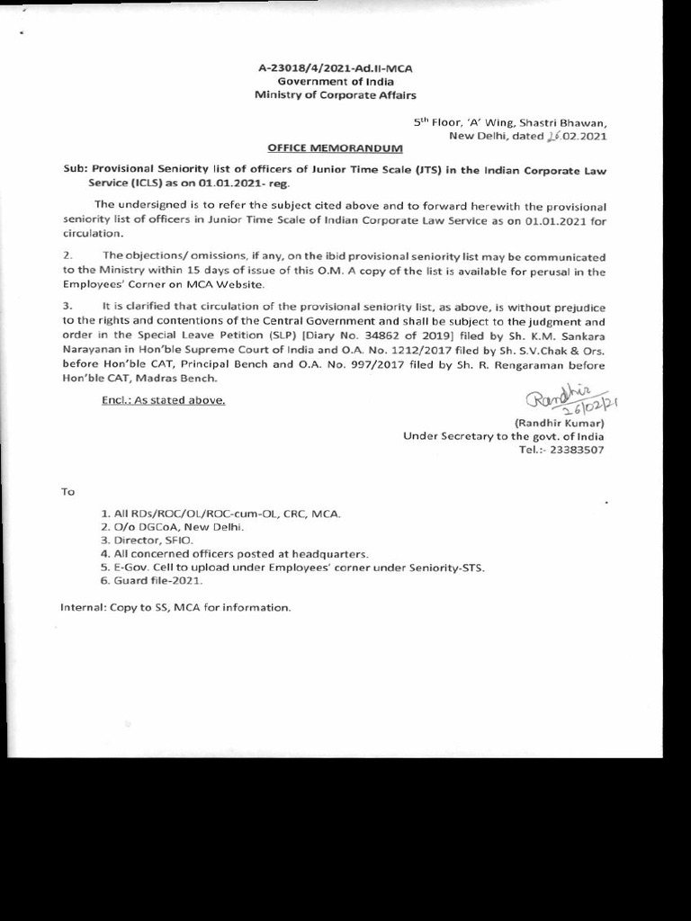 Provisional Seniority List for MCA Officers | PDF