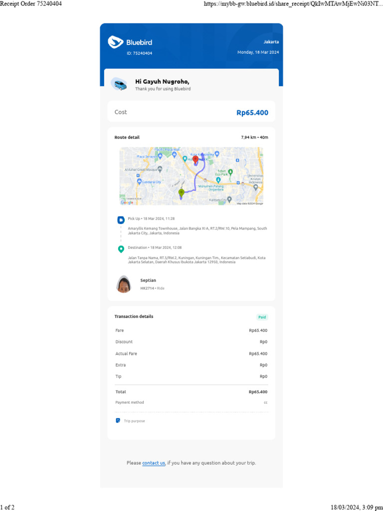 Bluebird Ride Receipt - Jakarta Trip | PDF