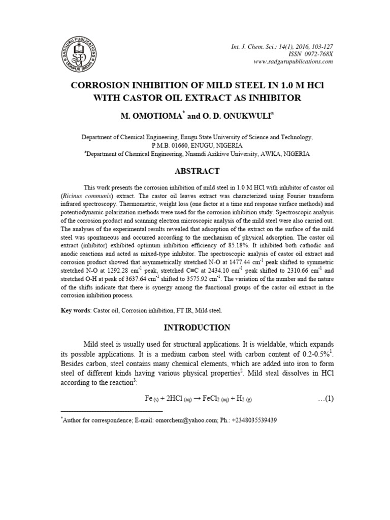 Corrosion Inhibition of Mild Steel in 10 M HCL With Castor Oil Extract ...